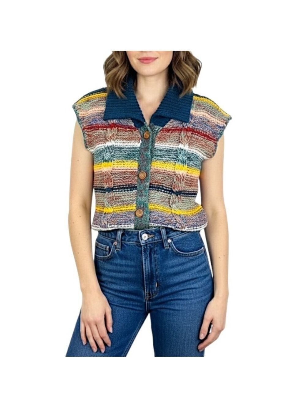 Vintage 80s Coogi style colourful striped knit short sleeve cardigan sweater L